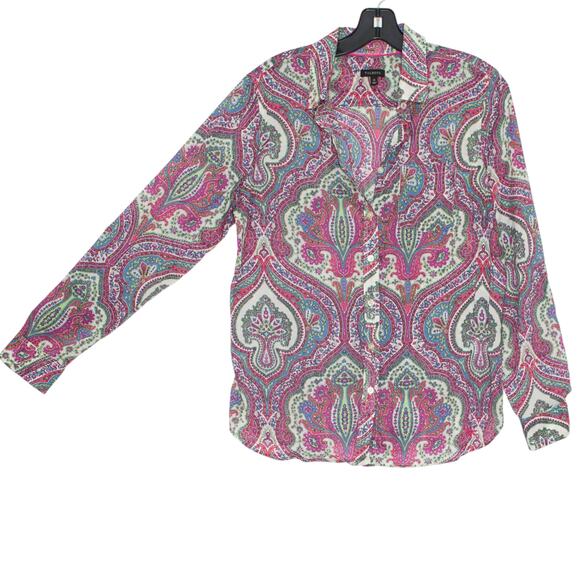 Talbots Top Sheer Lightweight Roll Tab Cottage Artsy Maximalist Button Up Medium - Picture 5 of 5